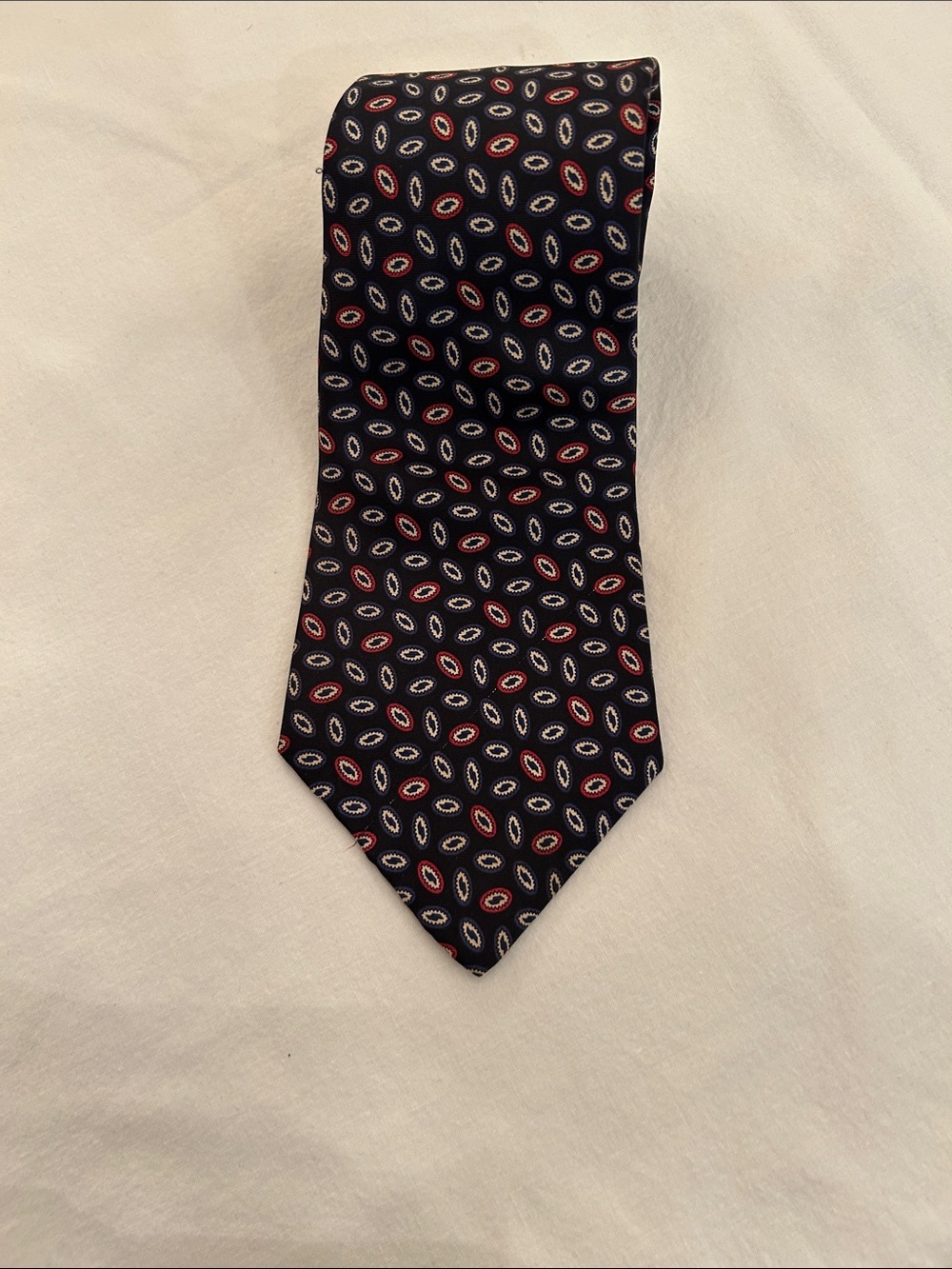 Navy Paisley-Print Men's Tie with Red & White Motif